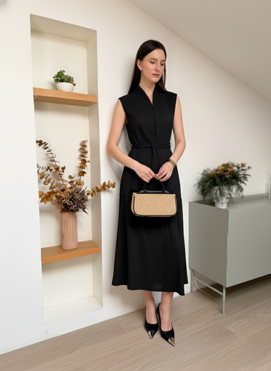 Pleated Bloom Vest With Pockets (Free Size) With Belt