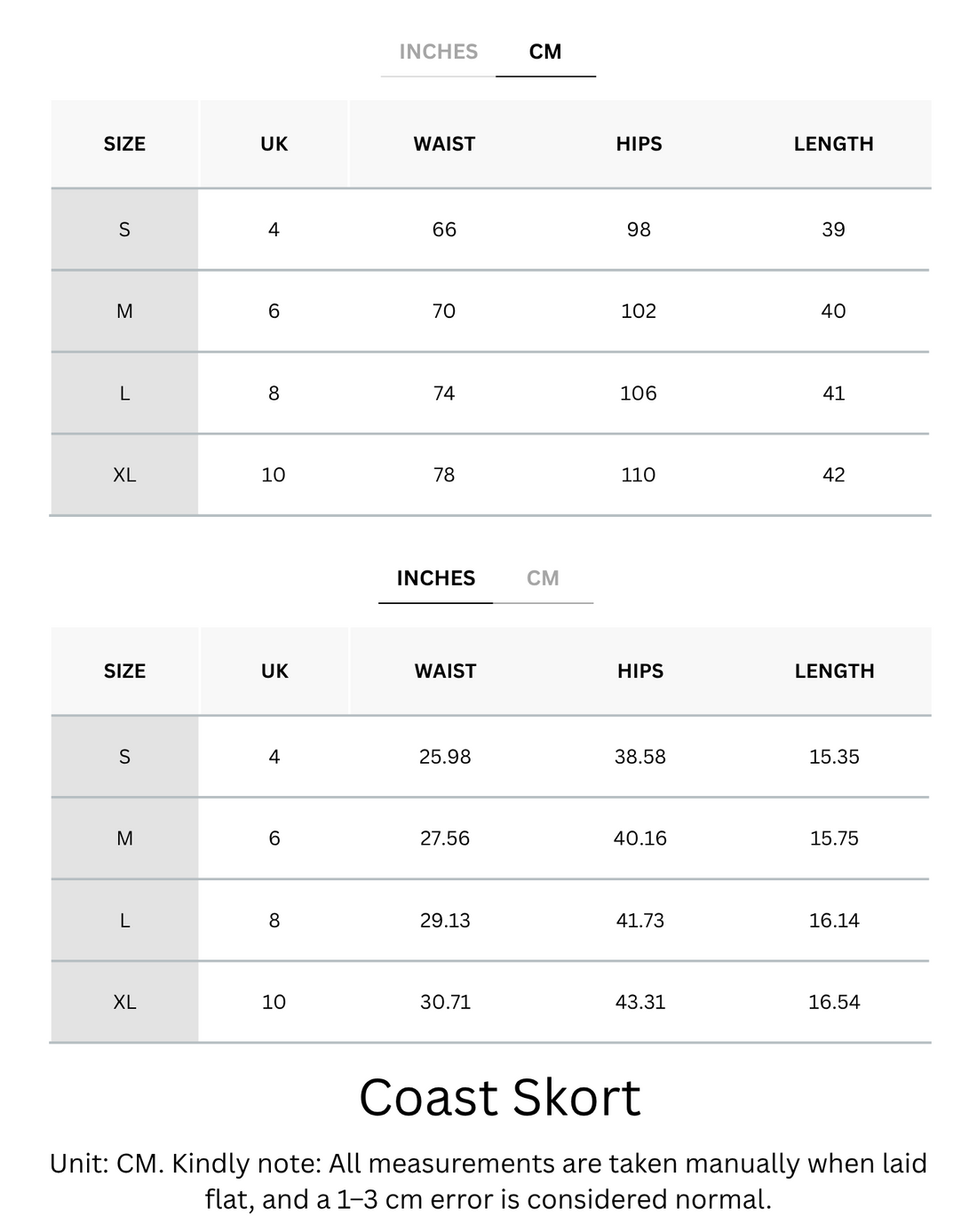 A size chart table for Coast Skort showing measurements in inches and centimeters for sizes S, M, L, and XL, with a note at the bottom explaining that measurements are taken manually and a 1-3 cm error is normal.