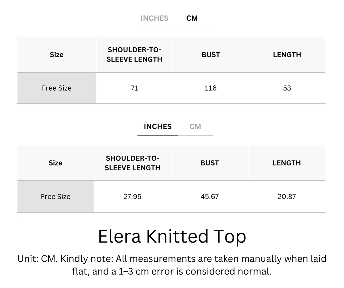 A size measurement chart for an 'Elera Knitted Top' showing measurements in both inches and centimeters. The chart lists size 'Free Size' with corresponding shoulder-to-sleeve length, bust, and length in both units.
