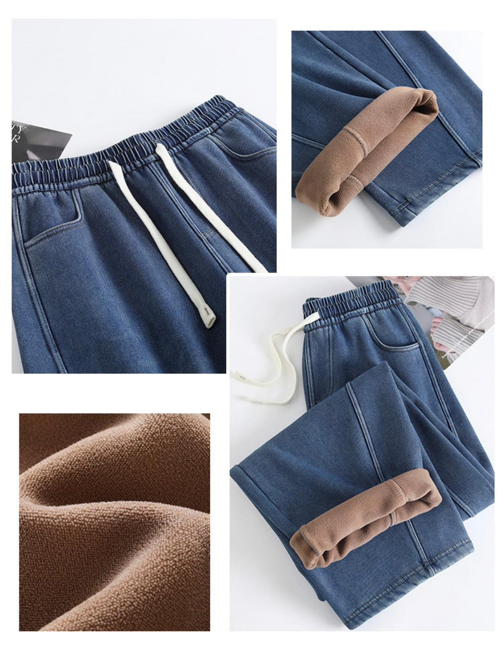 Buttery Soft Fleece Jeans Pants With Stretchable Waistband & Pockets