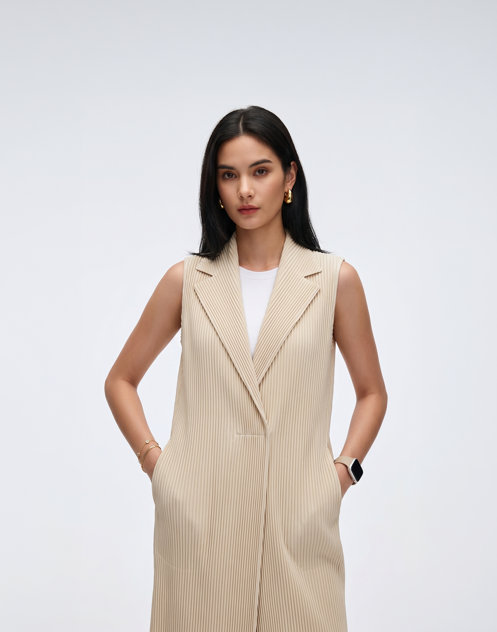Wrinkle-Free, Cooling, Breathable Pleated Longline Celeste Vest With Pockets