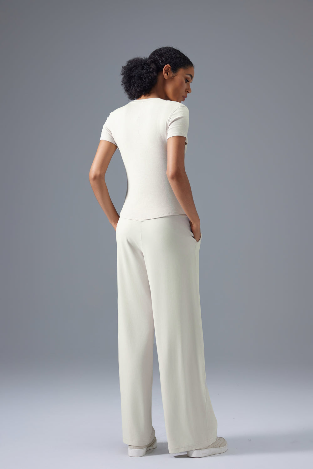 cream buttery soft stretch pants women back view