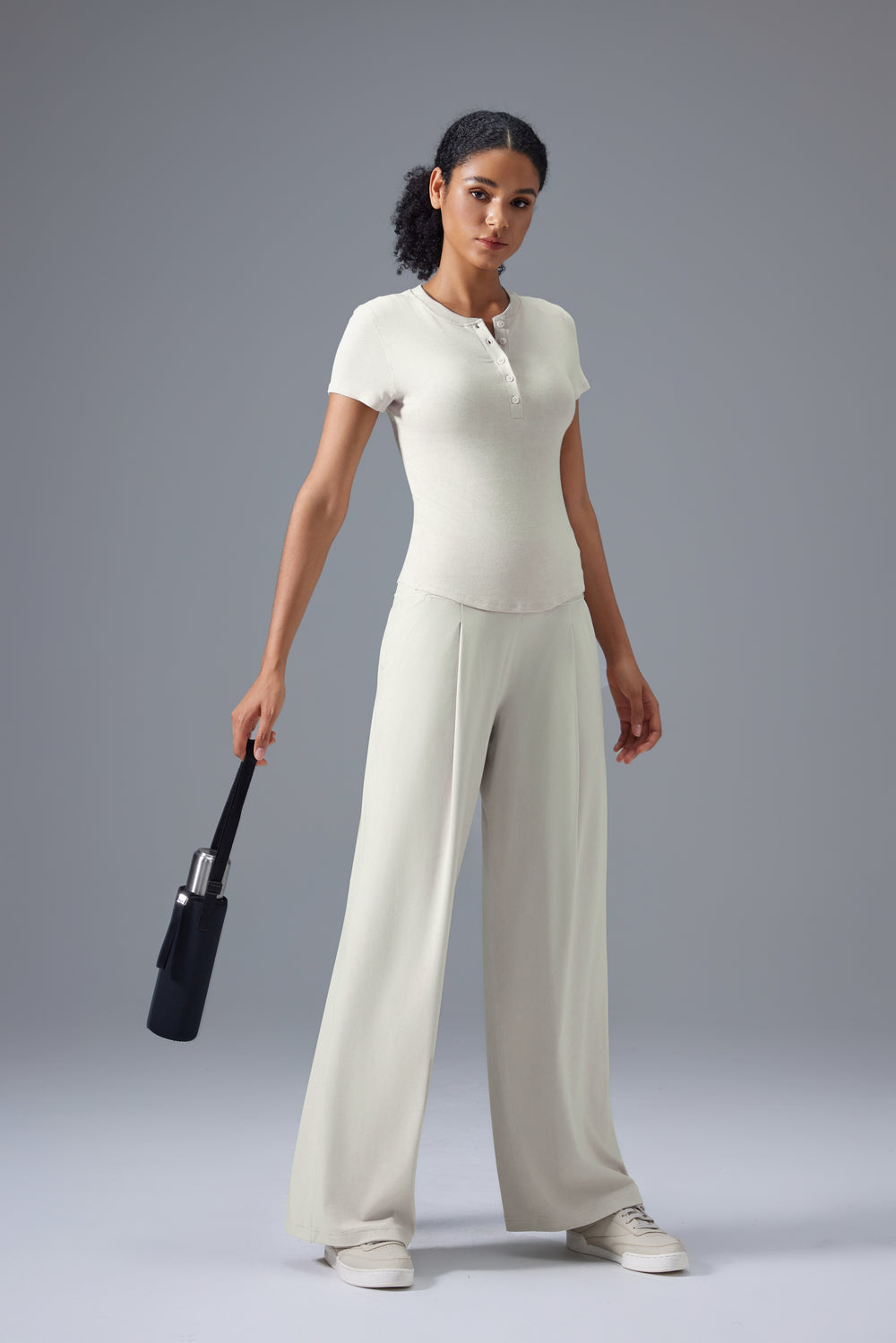 cream elegant work pants women wrinkle-free front view