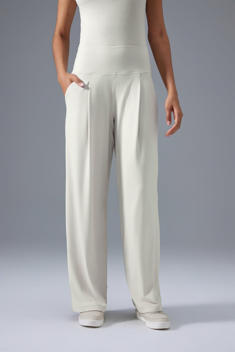 cream lightweight office pants women stretch front view