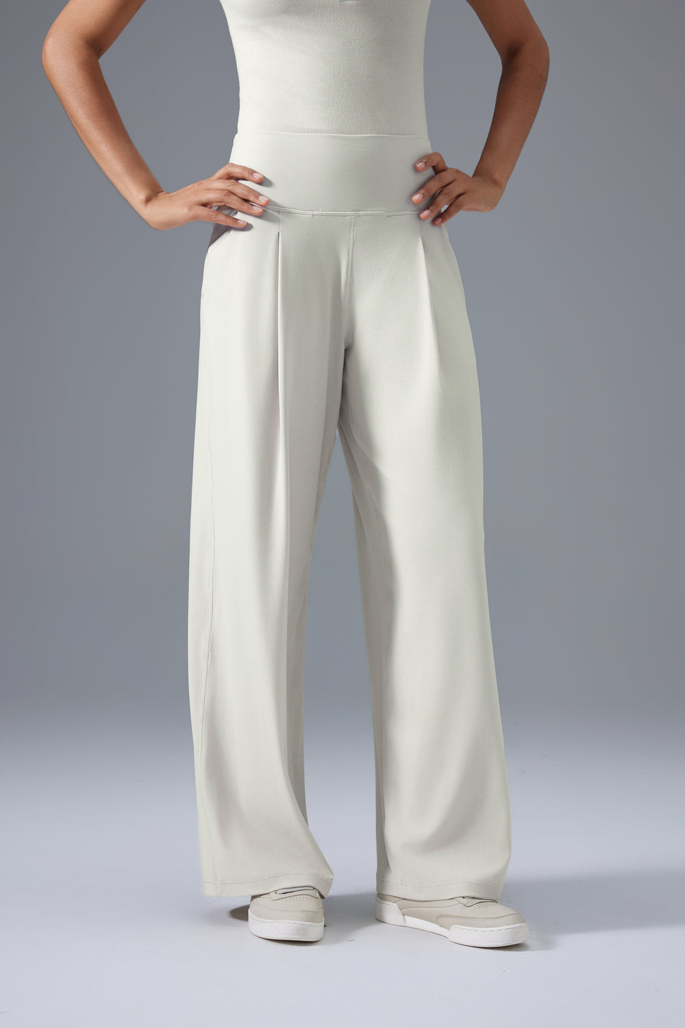 cream wrinkle-free office pants women chic front view