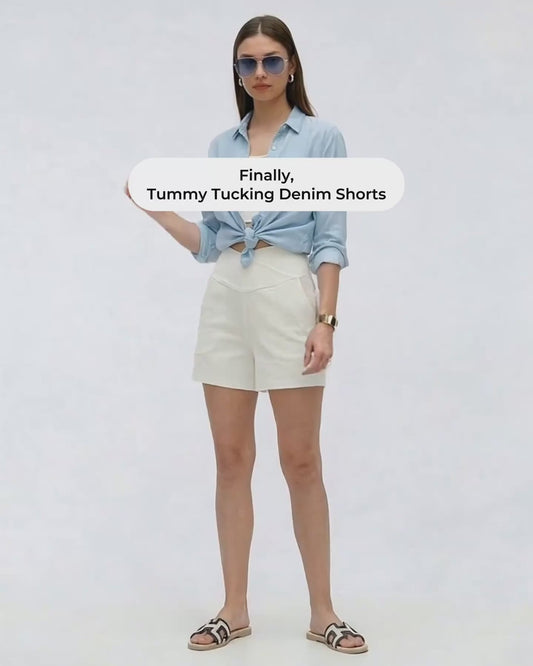 Cooling & Buttery Soft With Tummy-Tucking Waistline Motion Denim Shorts With Pockets