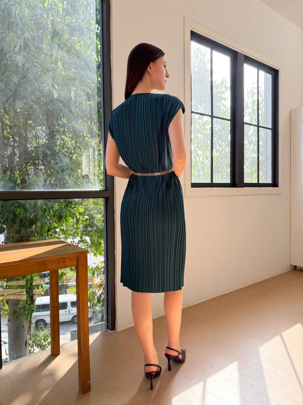 Wrinkle-Free Aria Pleated Dress With Belt