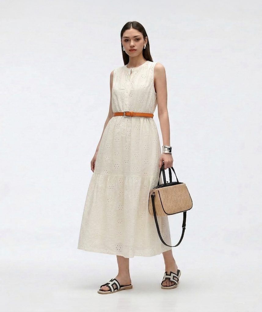 Cooling & Breathable Eyelet Embroidery Sassy Dress With Pockets