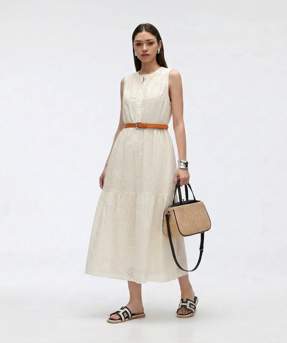Cooling & Breathable Eyelet Embroidery Sassy Dress With Pockets