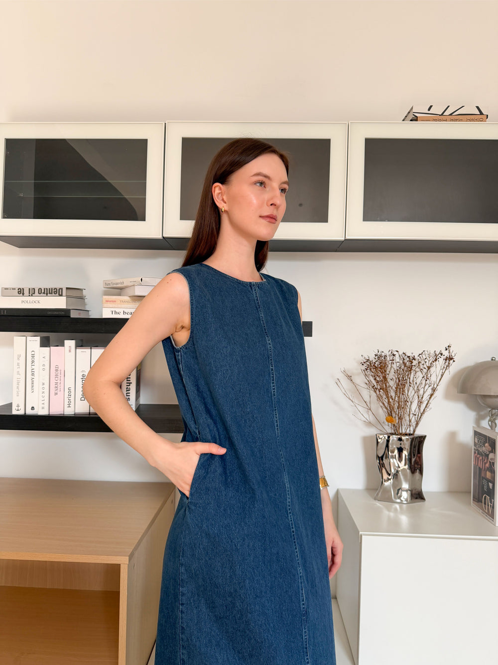 ⁠Wrinkle-Free Denim Travel Dress With Pockets