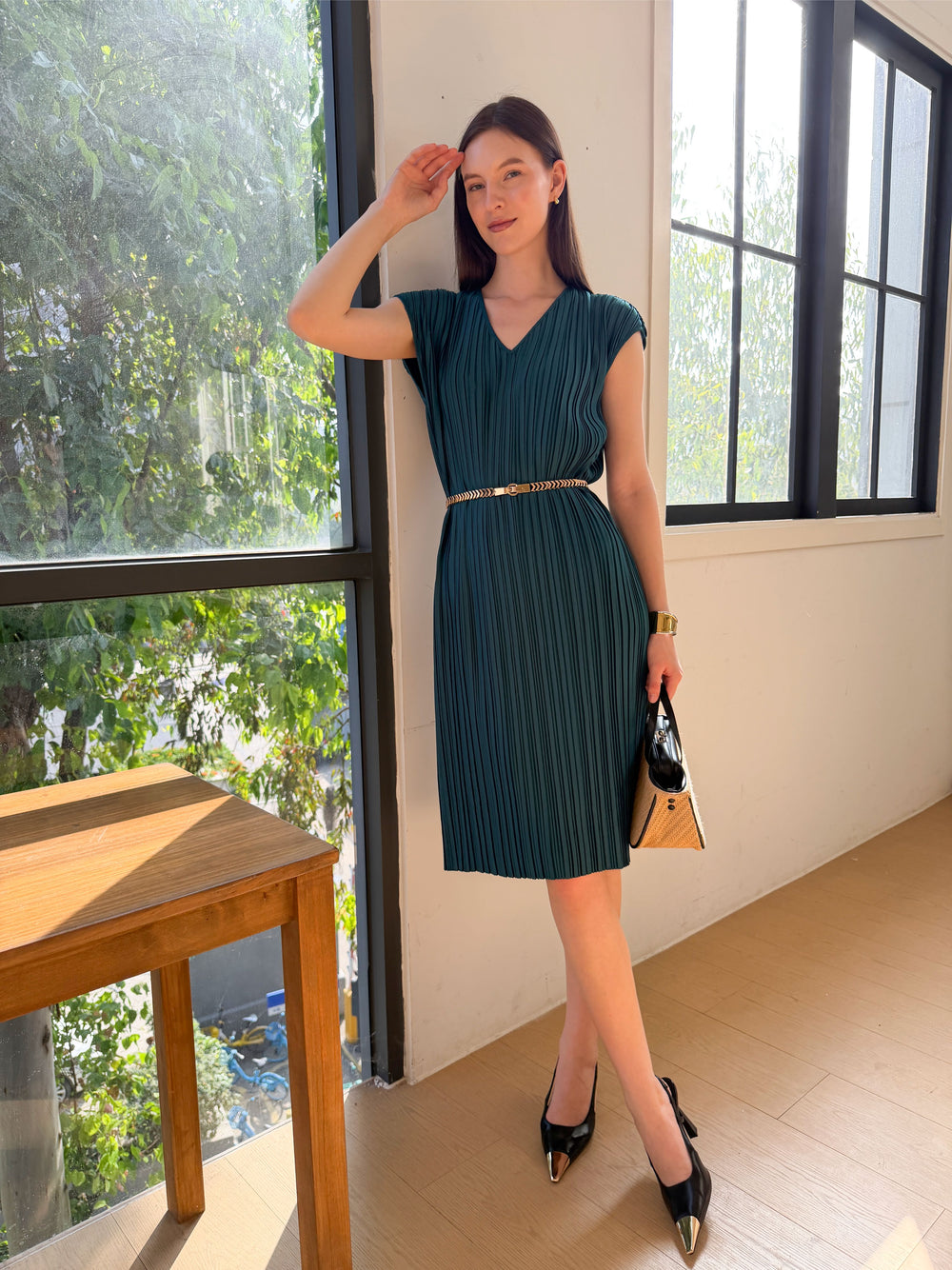 Wrinkle-Free Aria Pleated Dress With Belt