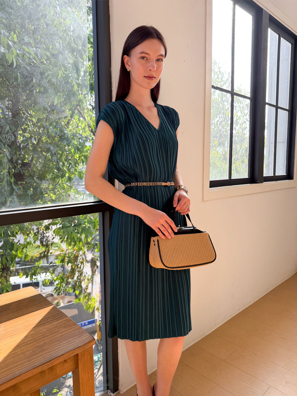 Wrinkle-Free Aria Pleated Dress With Belt