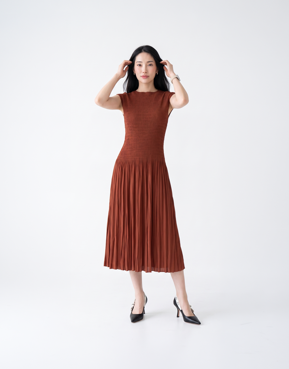 Wrinkle-Free, Cooling & Breathable Tummy Covering Pleated Luxe Dress