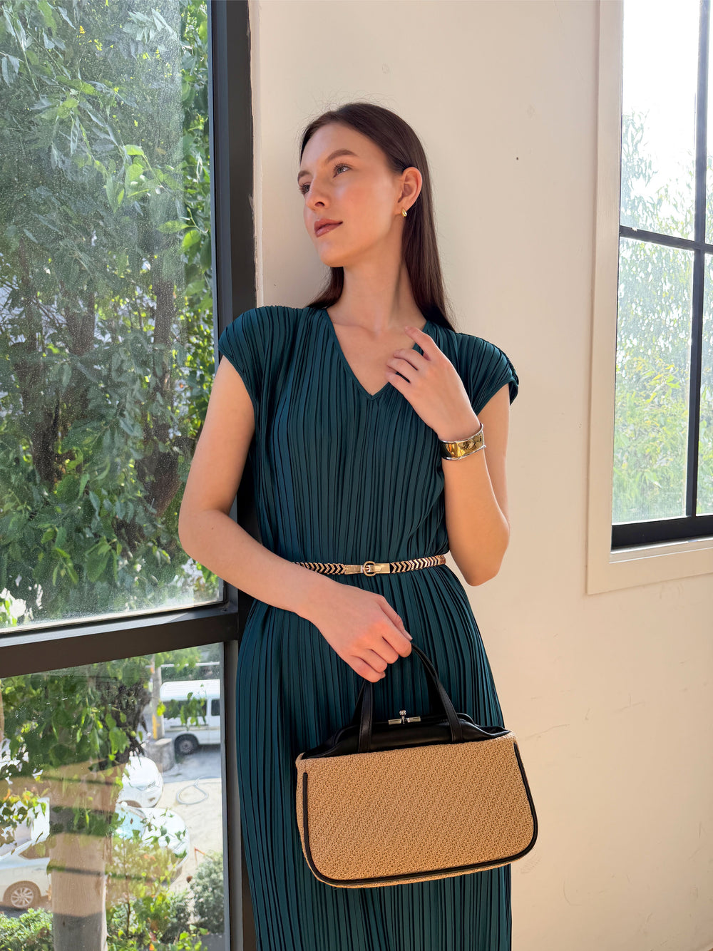 Wrinkle-Free Aria Pleated Dress With Belt