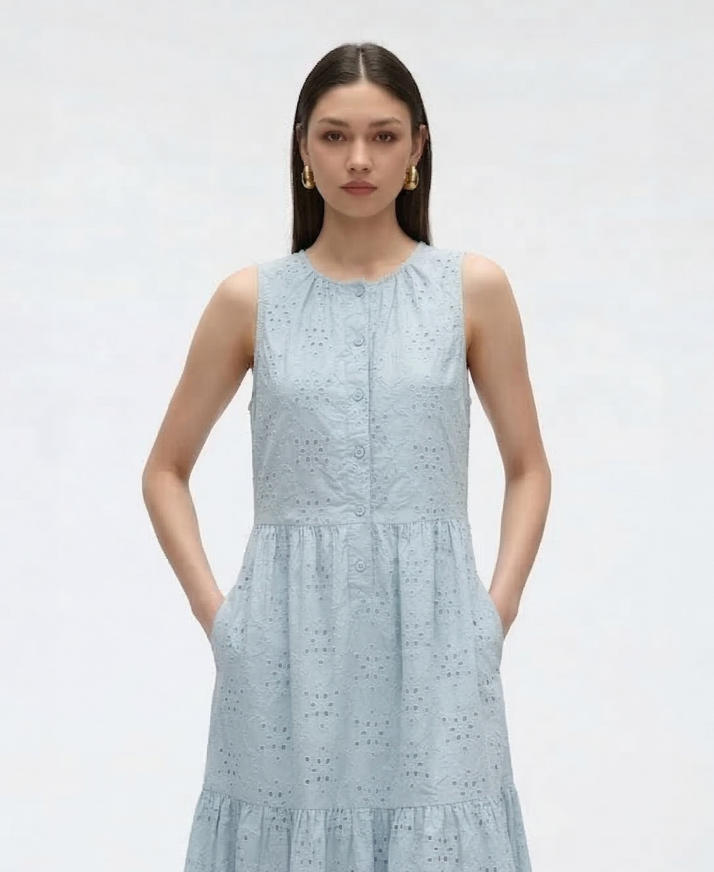 Cooling & Breathable Eyelet Embroidery Sassy Dress With Pockets