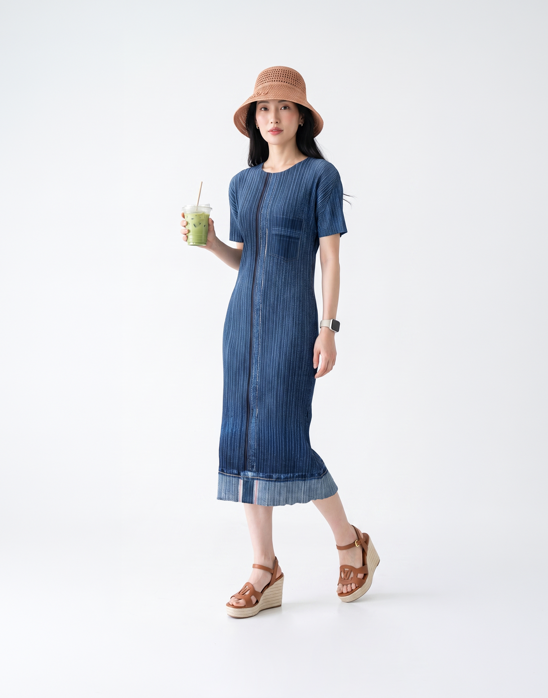Wrinkle-Free, Cooling & Breathable Monaco Free Size Pleated Denim Dress With Sleeves