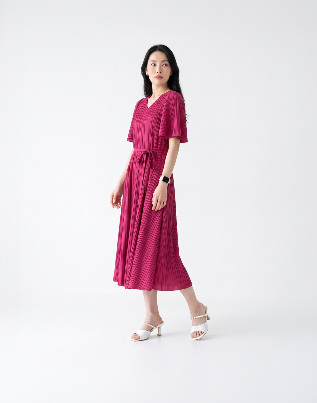 Wrinkle-Free, Free Size & Flattering Daisy Pleated Dress With Adjustable Waist Tie