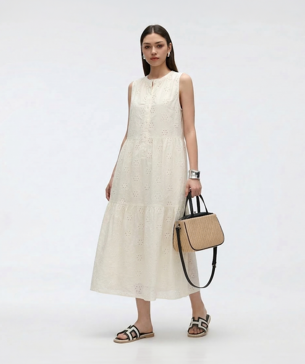 Cooling & Breathable Eyelet Embroidery Sassy Dress With Pockets
