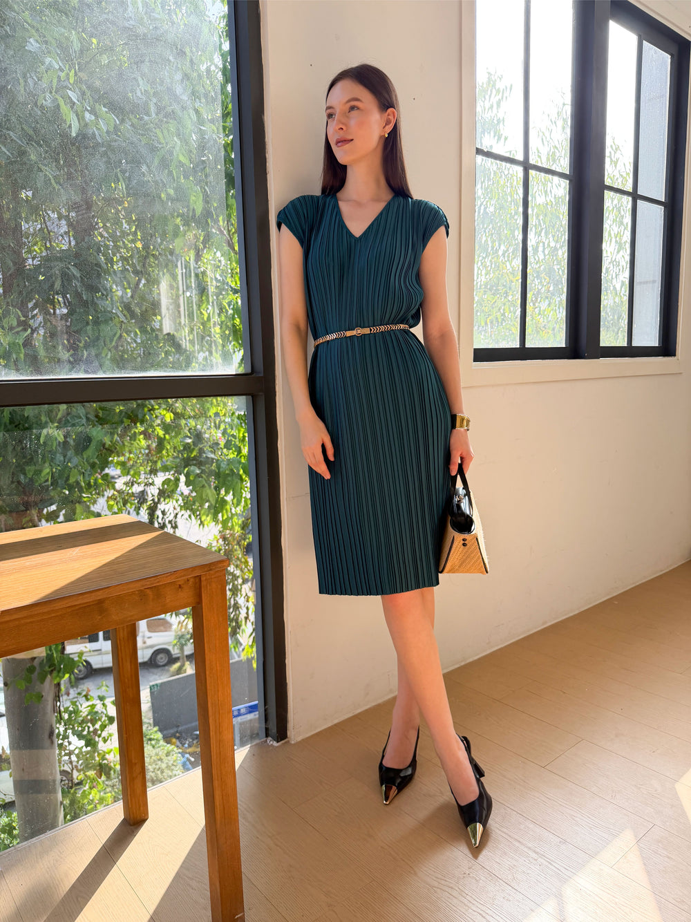 Wrinkle-Free Aria Pleated Dress With Belt