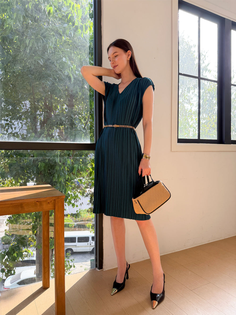 Wrinkle-Free Aria Pleated Dress With Belt