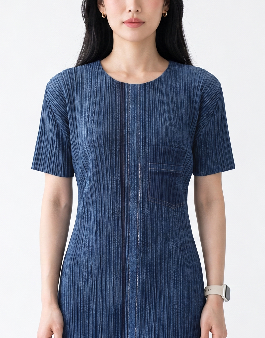 Wrinkle-Free, Cooling & Breathable Monaco Free Size Pleated Denim Dress With Sleeves