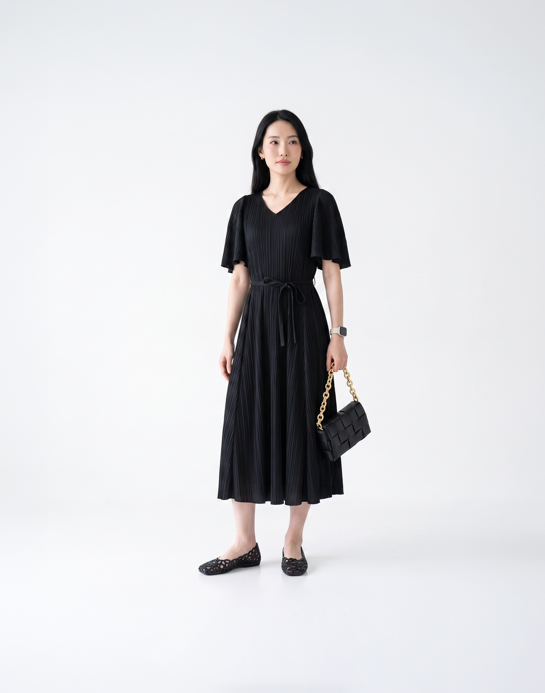 Wrinkle-Free, Free Size & Flattering Daisy Pleated Dress With Adjustable Waist Tie