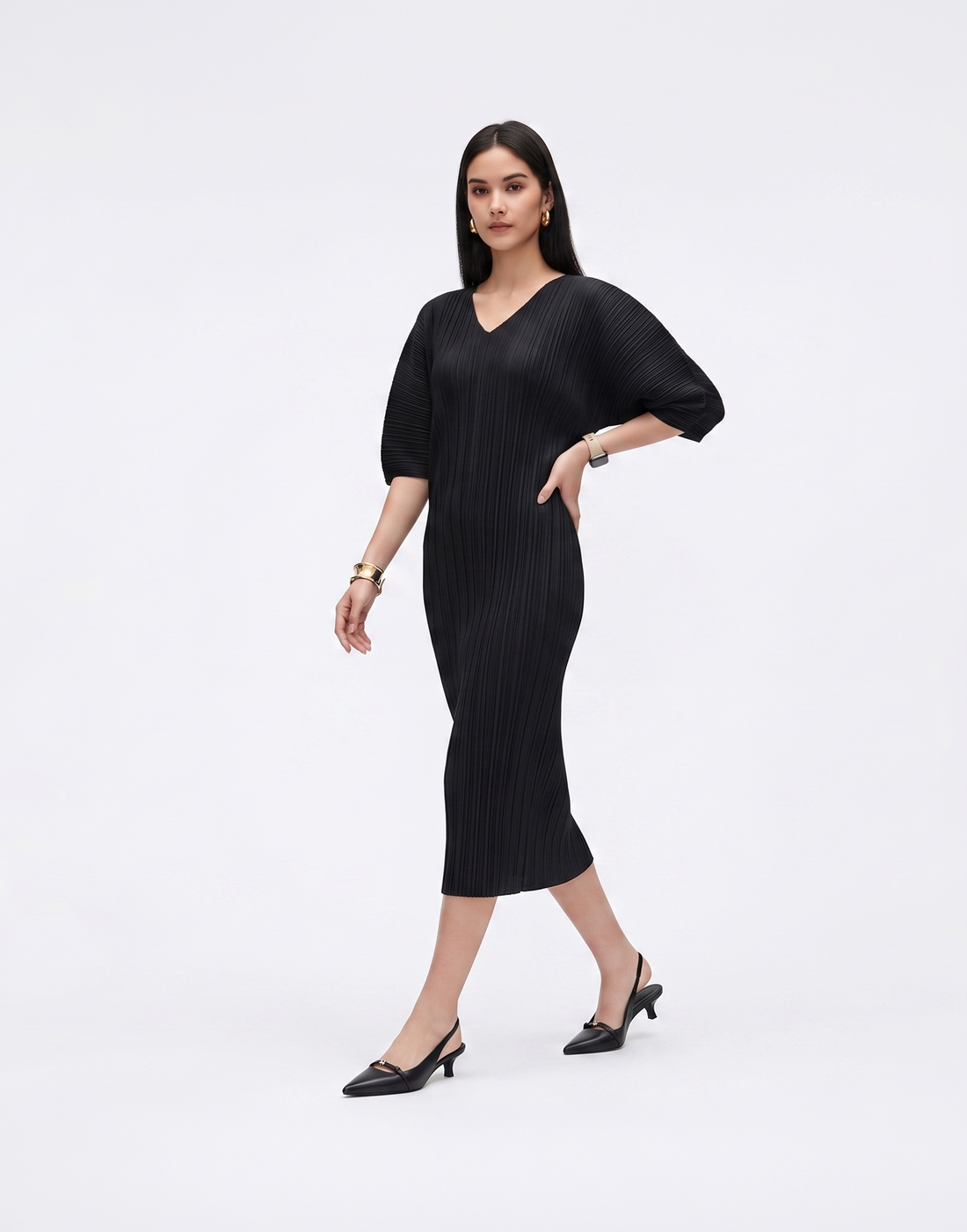 Wrinkle-Free, Cooling & Breathable Pleated Rhythm Dress With Sleeves