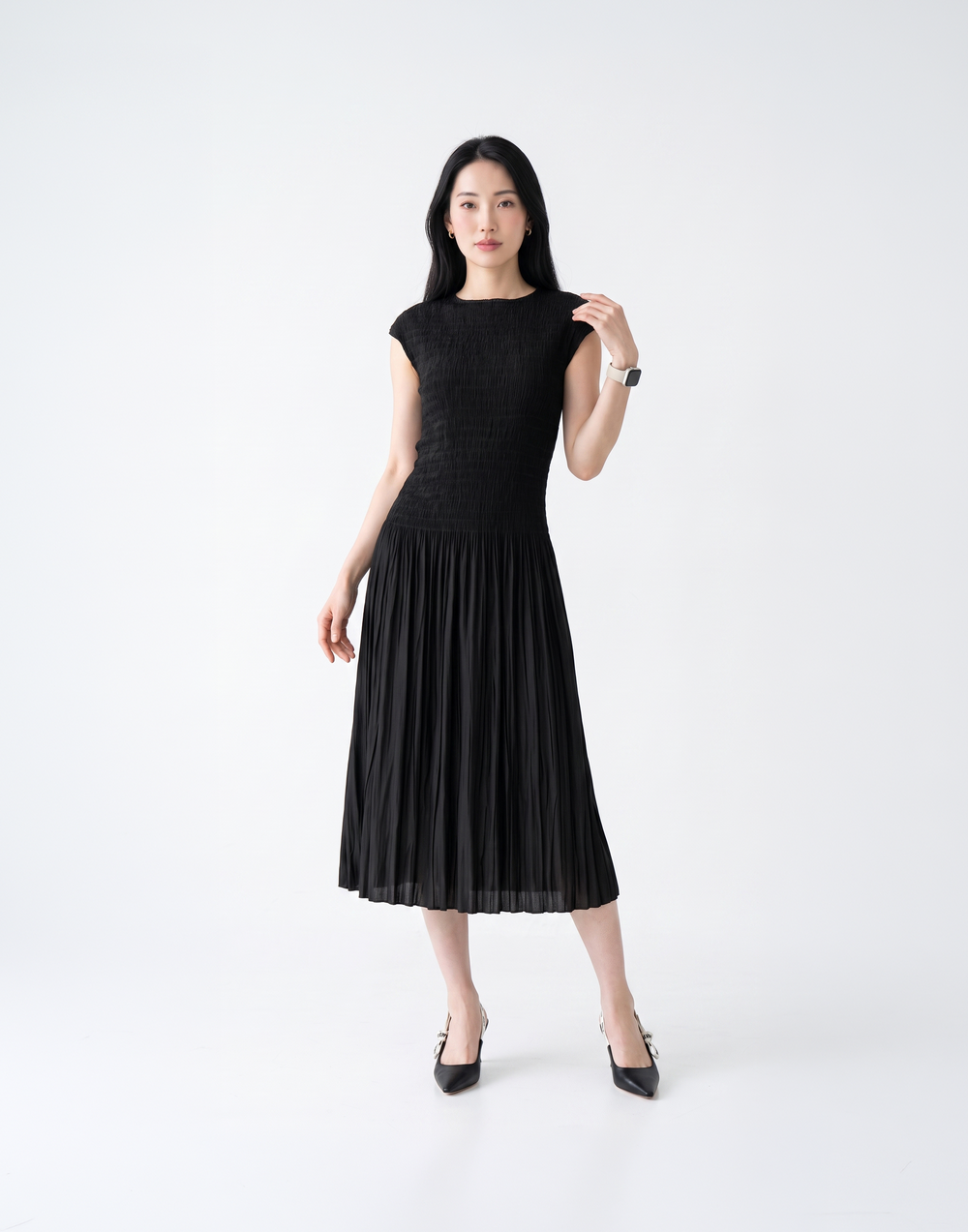 Wrinkle-Free, Cooling & Breathable Tummy Covering Pleated Luxe Dress