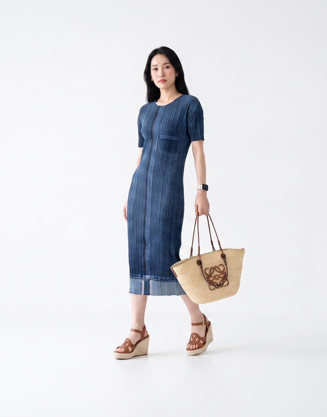 Wrinkle-Free, Cooling & Breathable Monaco Free Size Pleated Denim Dress With Sleeves