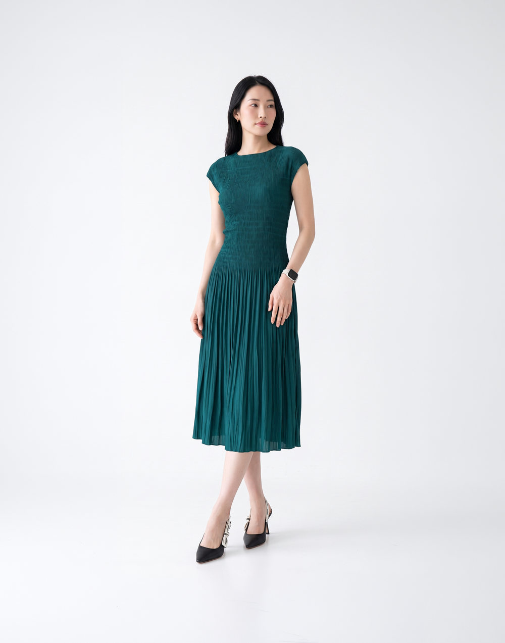 Wrinkle-Free, Cooling & Breathable Tummy Covering Pleated Luxe Dress
