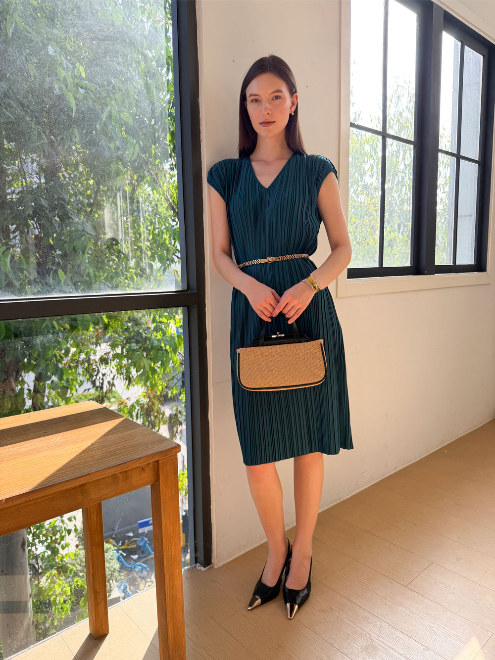 Wrinkle-Free Aria Pleated Dress With Belt