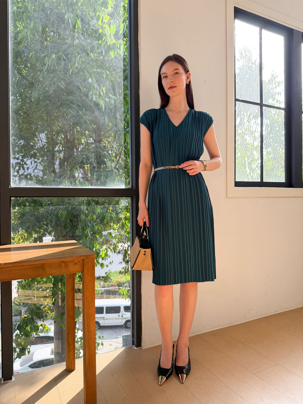 Wrinkle-Free Aria Pleated Dress With Belt