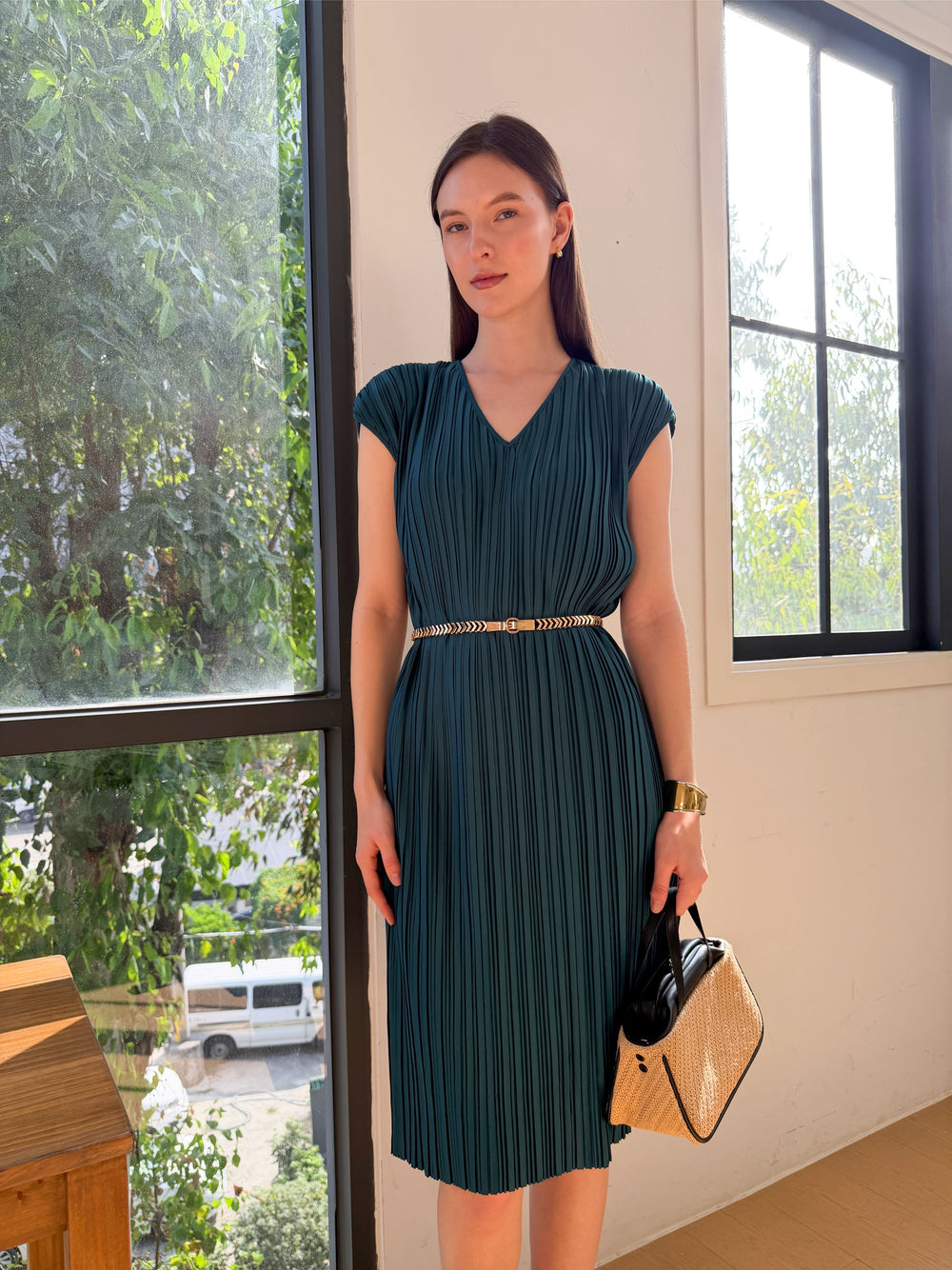 Wrinkle-Free Aria Pleated Dress With Belt