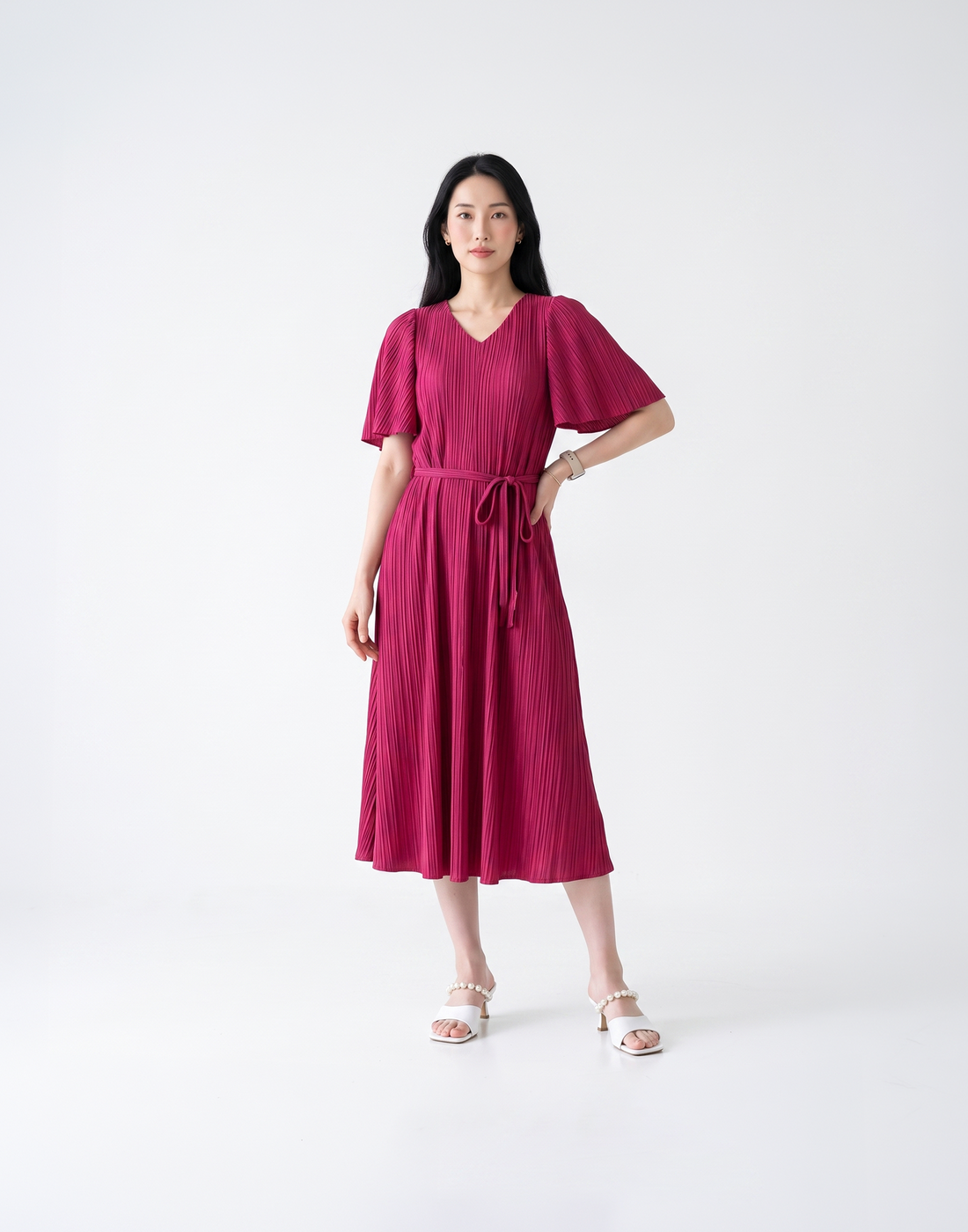 Wrinkle-Free, Free Size & Flattering Daisy Pleated Dress With Adjustable Waist Tie
