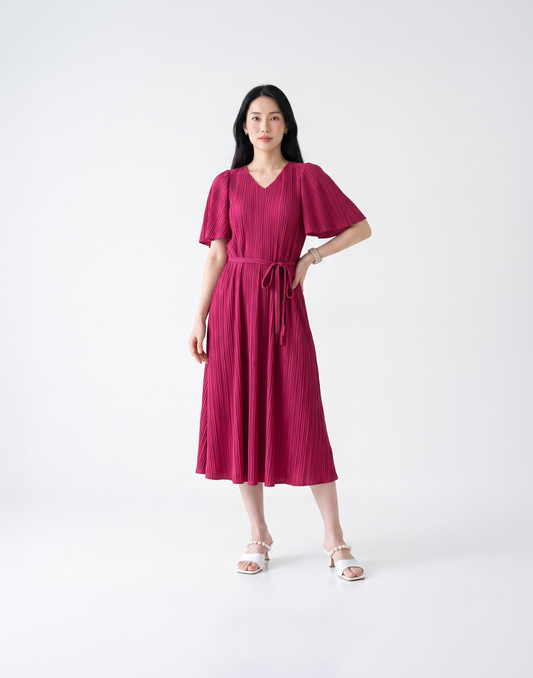 Wrinkle-Free, Free Size & Flattering Daisy Pleated Dress With Adjustable Waist Tie