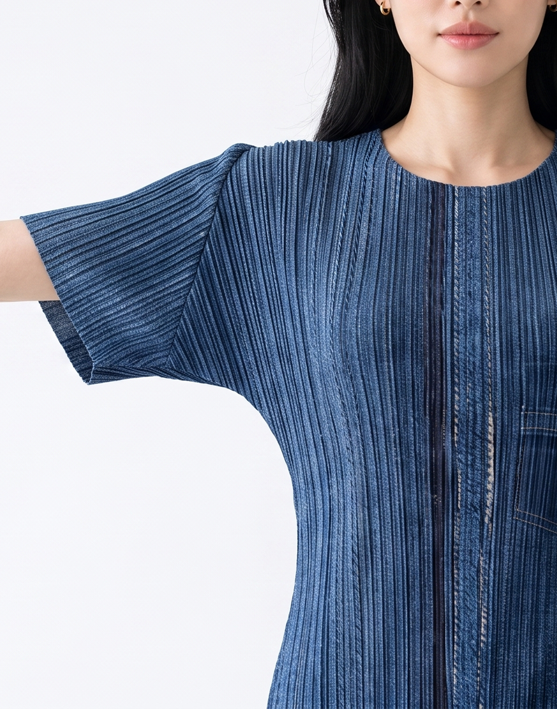 Wrinkle-Free, Cooling & Breathable Monaco Free Size Pleated Denim Dress With Sleeves