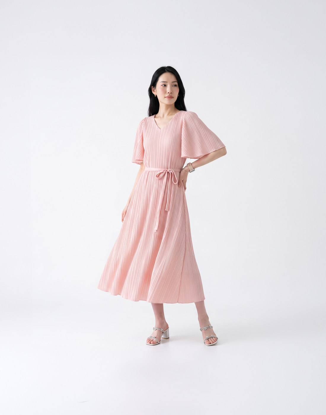 Wrinkle-Free, Free Size & Flattering Daisy Pleated Dress With Adjustable Waist Tie