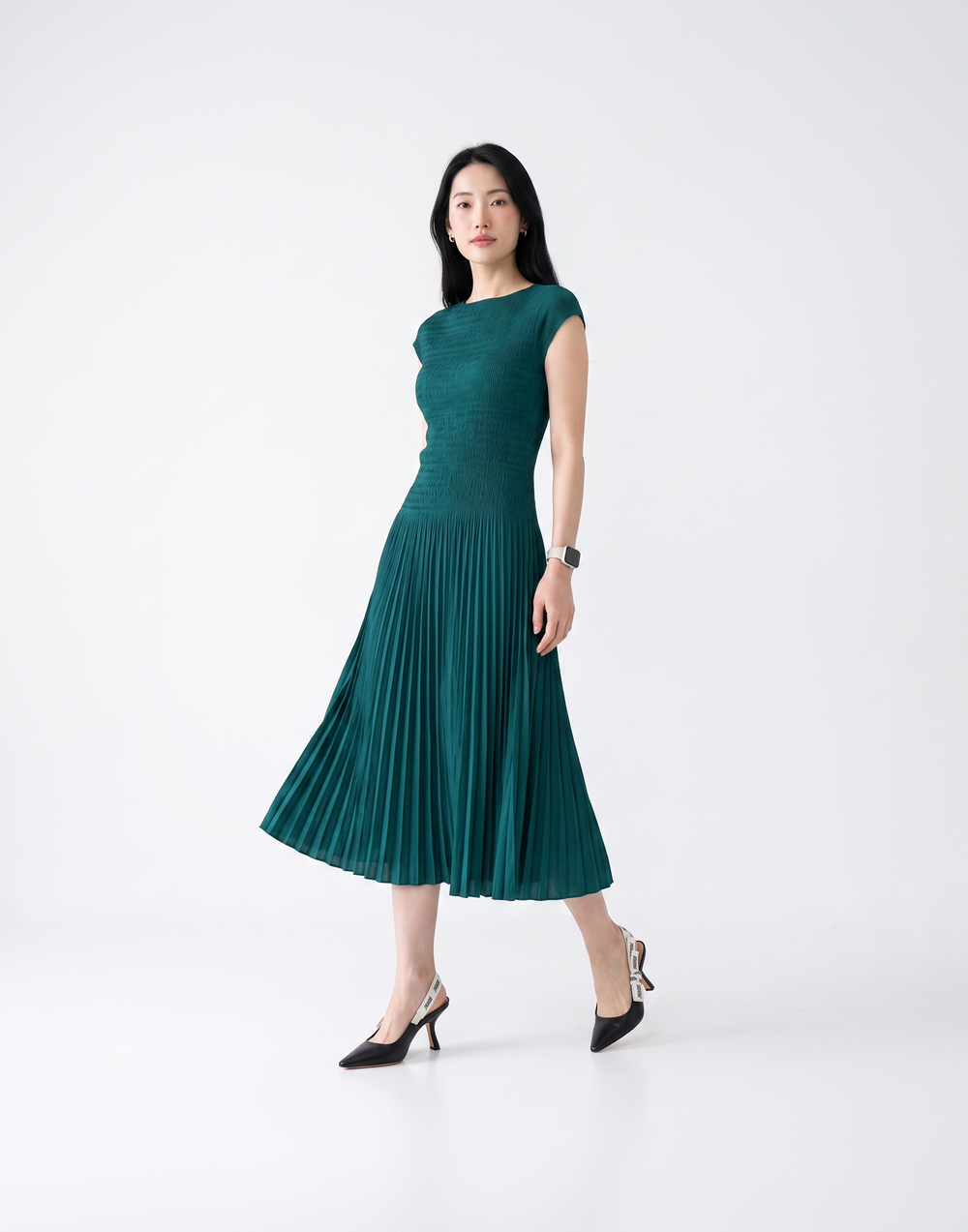 Wrinkle-Free, Cooling & Breathable Tummy Covering Pleated Luxe Dress
