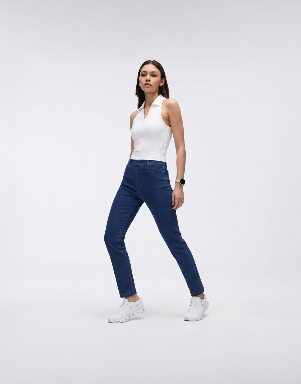 Cooling, Buttery Soft, Stretchy With Tummy Control Silhouette Straight Cut Denim Jeans With Pockets