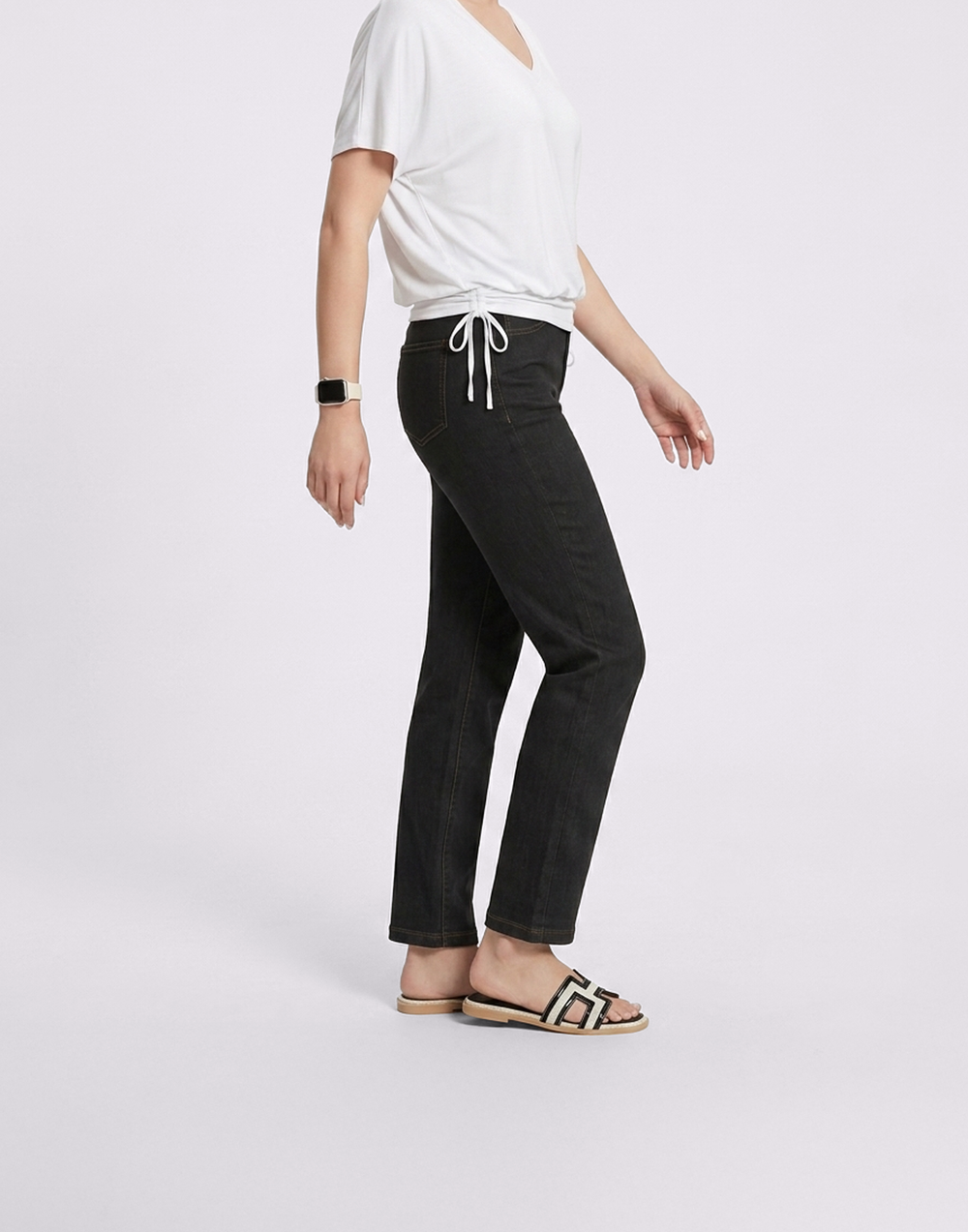 Cooling, Buttery Soft, Stretchy With Tummy Control Silhouette Straight Cut Denim Jeans With Pockets