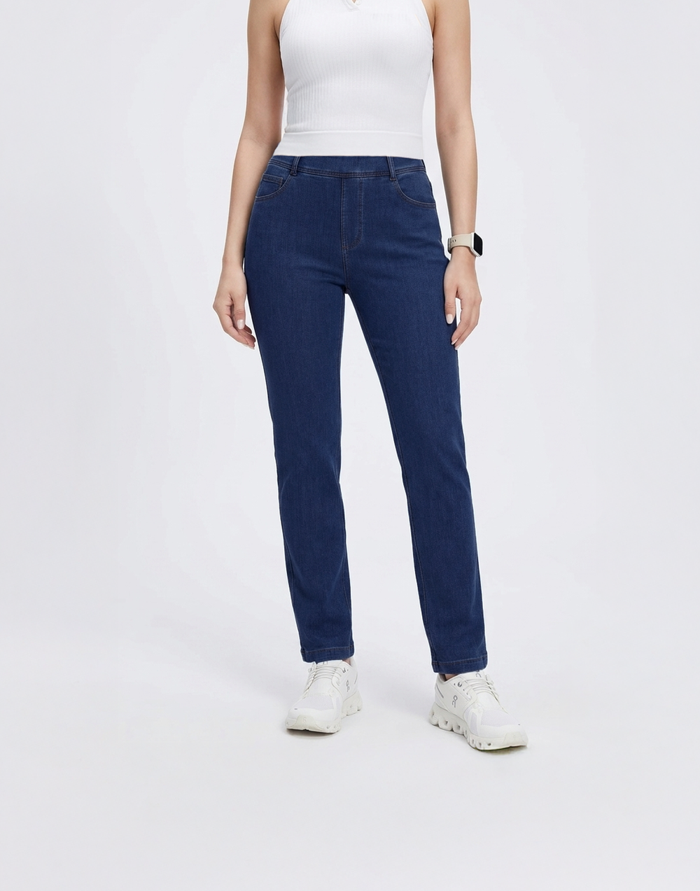 Cooling, Buttery Soft, Stretchy With Tummy Control Silhouette Straight Cut Denim Jeans With Pockets