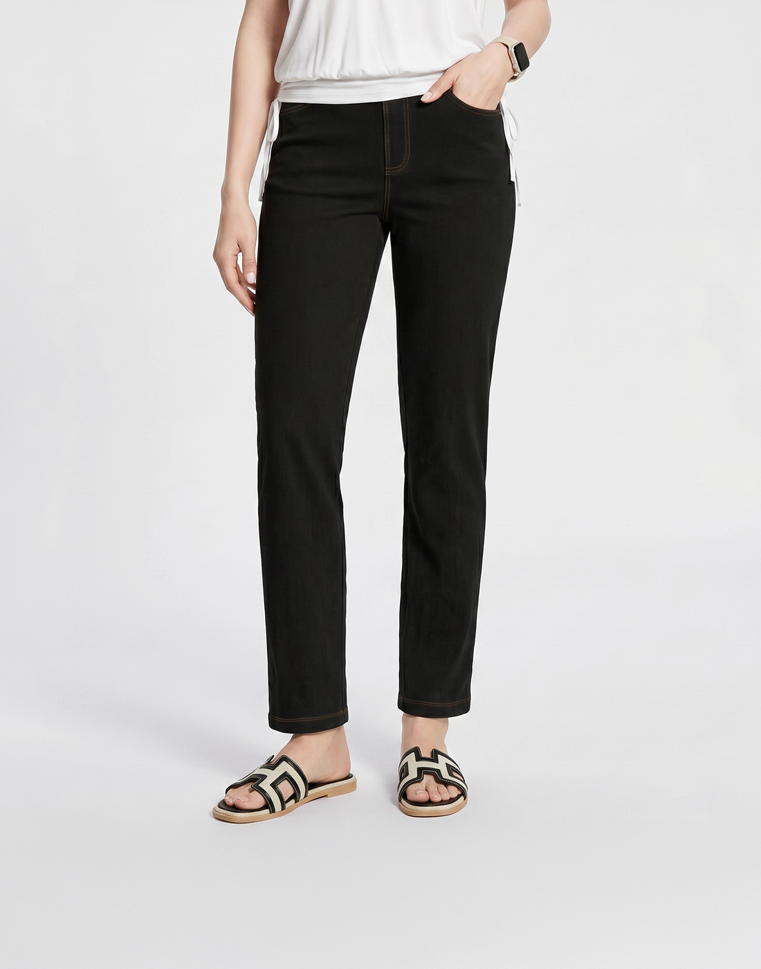 Cooling, Buttery Soft, Stretchy With Tummy Control Silhouette Straight Cut Denim Jeans With Pockets