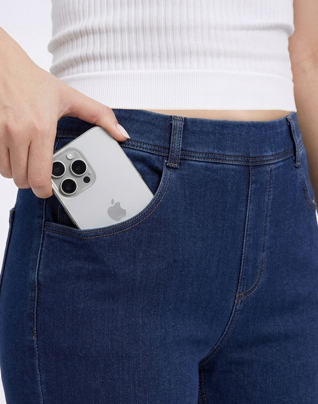 Cooling, Buttery Soft, Stretchy With Tummy Control Silhouette Straight Cut Denim Jeans With Pockets