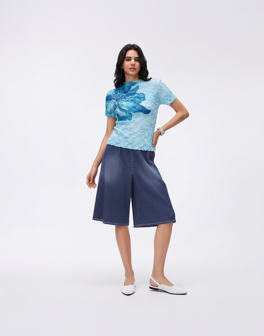 Cooling, Breathable & Free Size Wave Pleated Denim Shorts With Pockets