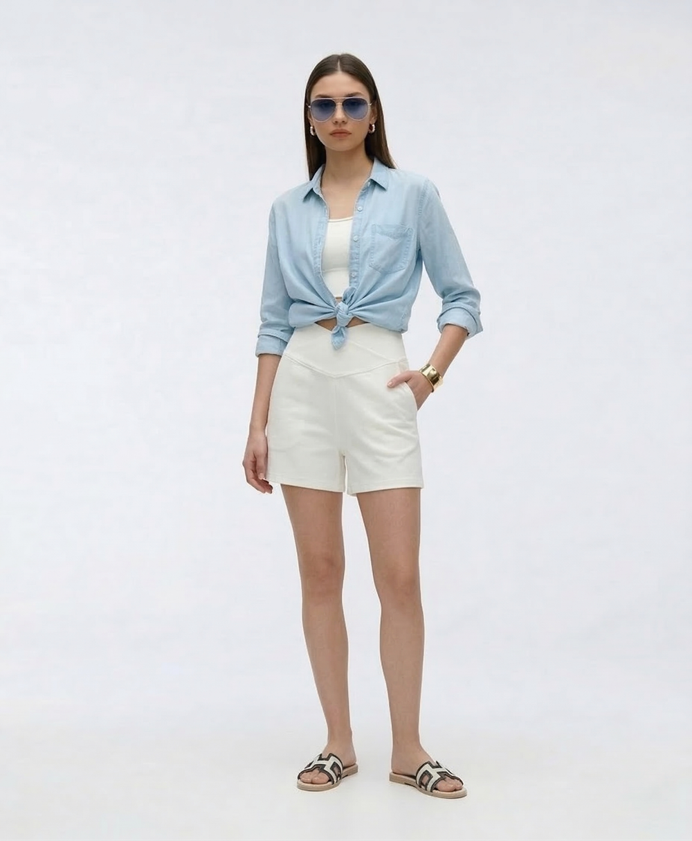 Cooling & Buttery Soft With Tummy-Tucking Waistline Motion Denim Shorts With Pockets