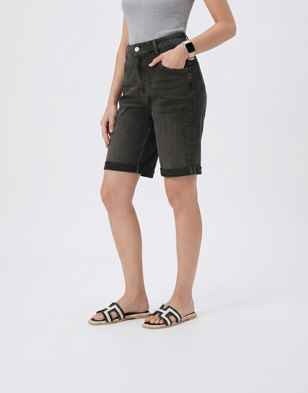 Cooling, Buttery Soft, Stretchy With Tummy Control Comfort Denim Shorts With Pockets