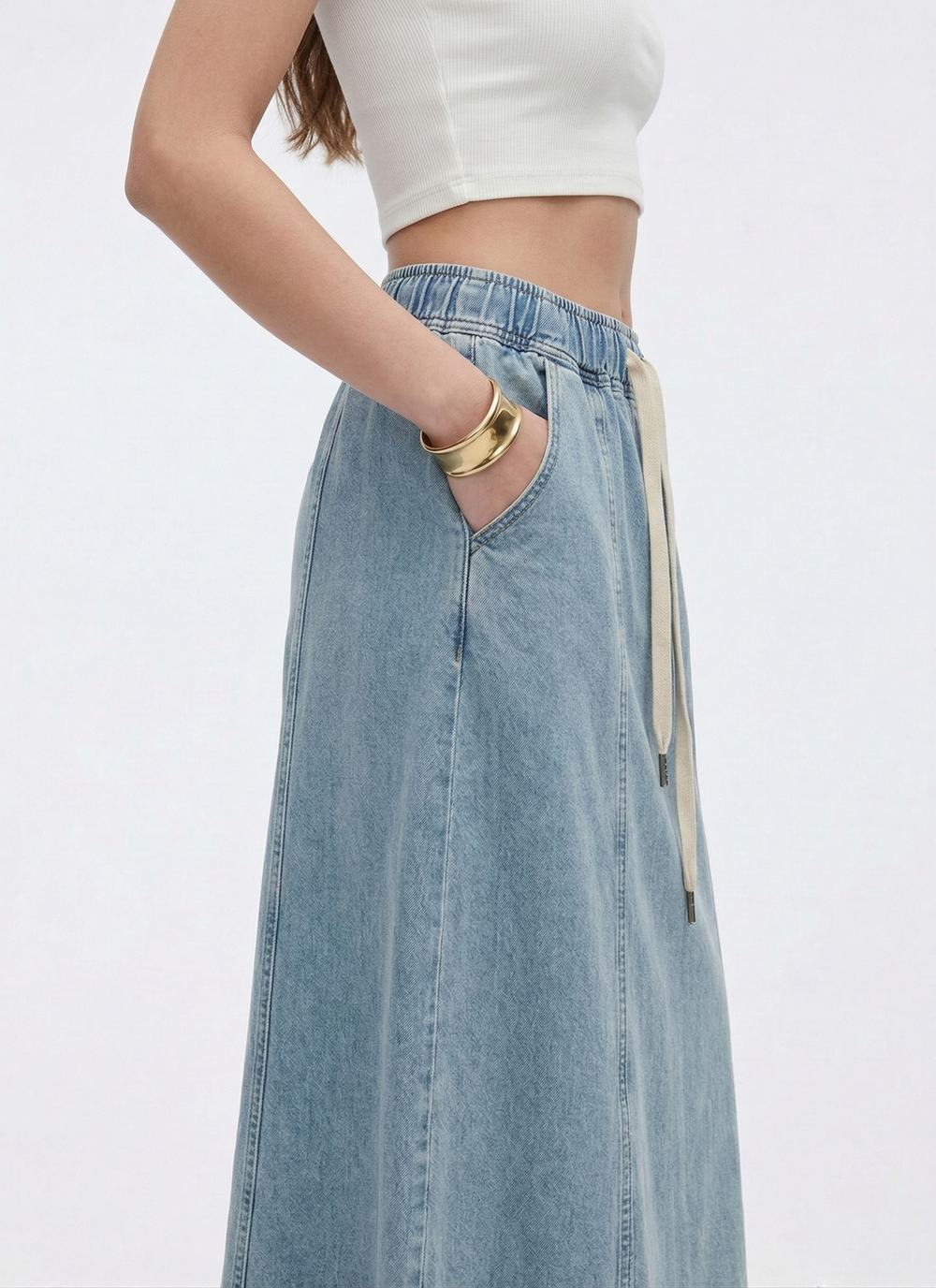 Cooling & Buttery Soft Mermaid Denim Skirt With Adjustable Waistband & Pockets