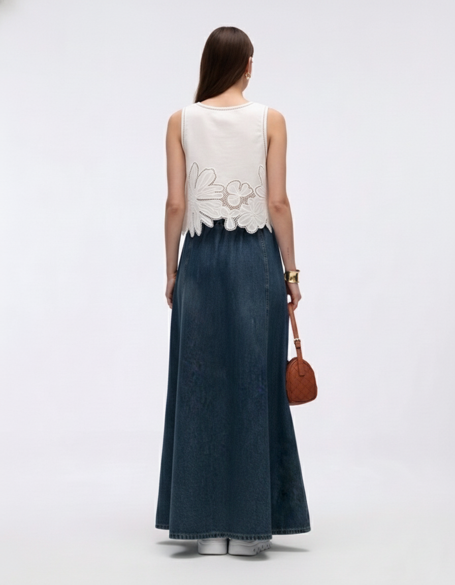 Cooling & Buttery Soft Mermaid Denim Skirt With Adjustable Waistband & Pockets