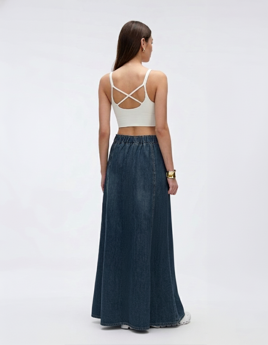 Cooling & Buttery Soft Mermaid Denim Skirt With Adjustable Waistband & Pockets