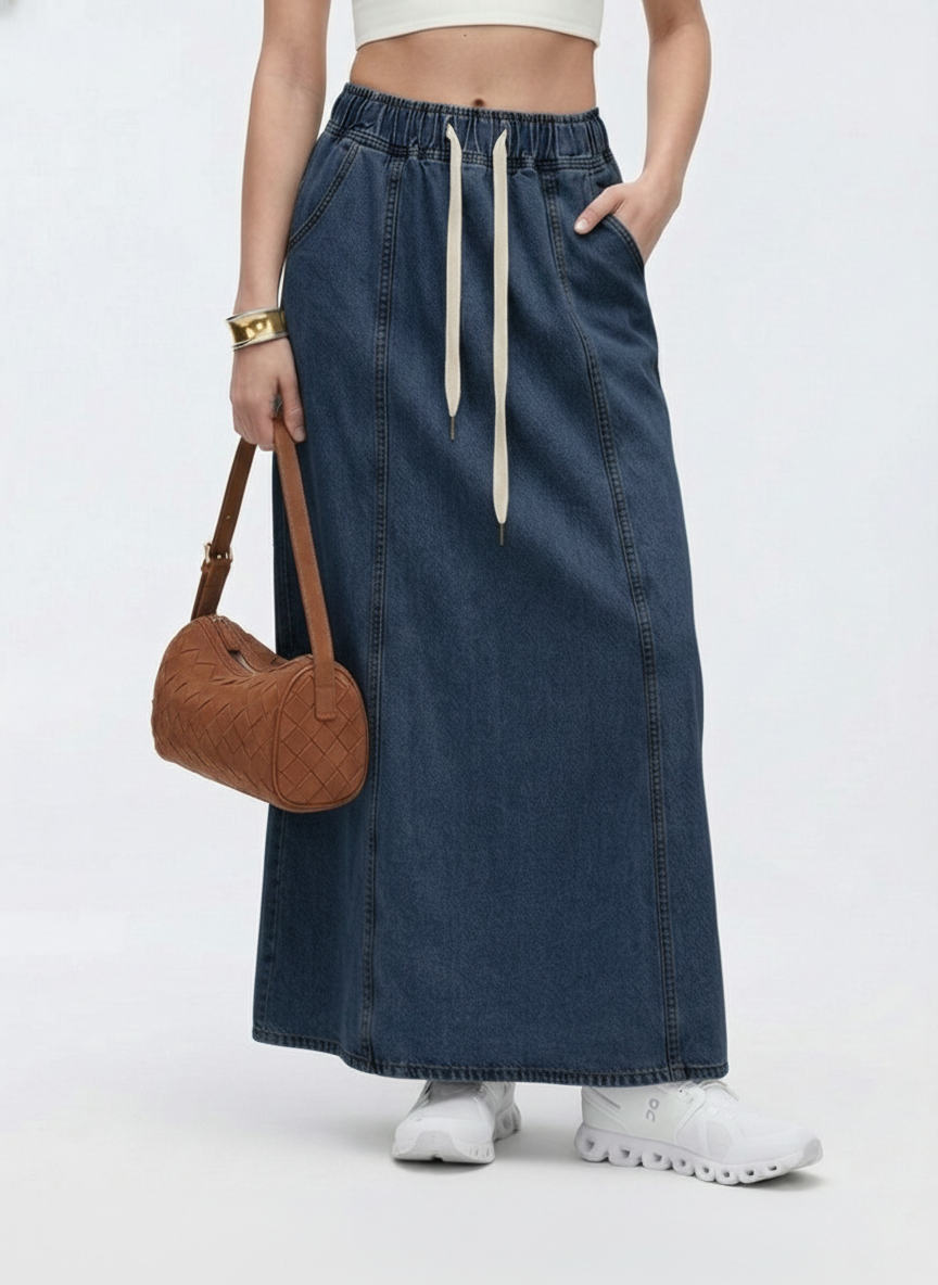 Cooling & Buttery Soft Mermaid Denim Skirt With Adjustable Waistband & Pockets